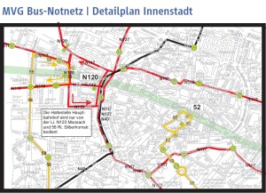 Innenstadt-Detailplan des Bus-Streik-Notnetzes der MVG (Grafik: MVG)